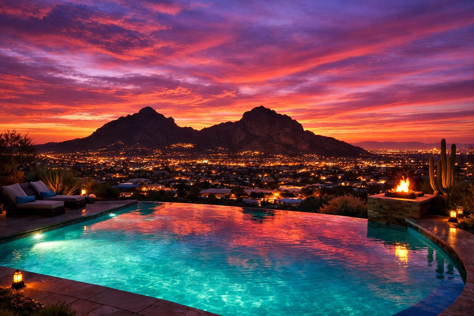 Beautiful sunset view of Camelback Mountain and a luxury pool in the Phoenix valley.